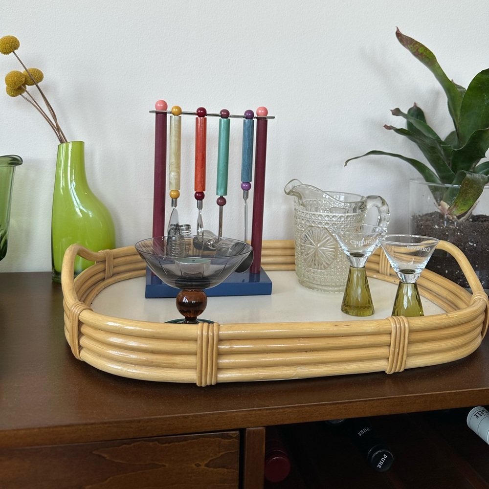 Bamboo wooden bar cart serving tray with handles